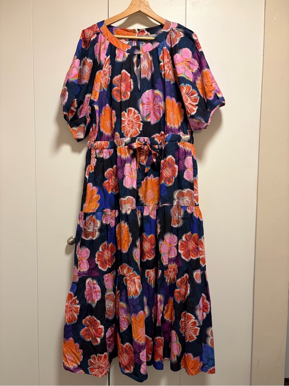 Oliver Bonas Blue Cotton Floral Print Tiered Keyhole Midi Dress